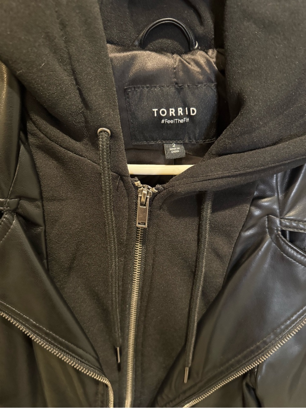 torrid Black Faux Leather Bomber-Style Moto Jacket with Hooded Liner - Picture 3 of 3
